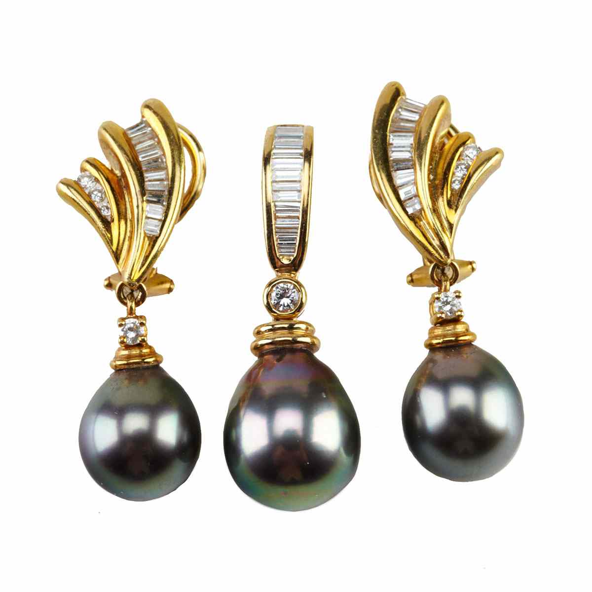 Appraisal: Pair Of Mikimoto k Yellow Gold Drop Earrings each channel