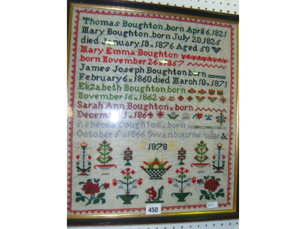 Appraisal: A th century needlework sampler relating to the Boughton family