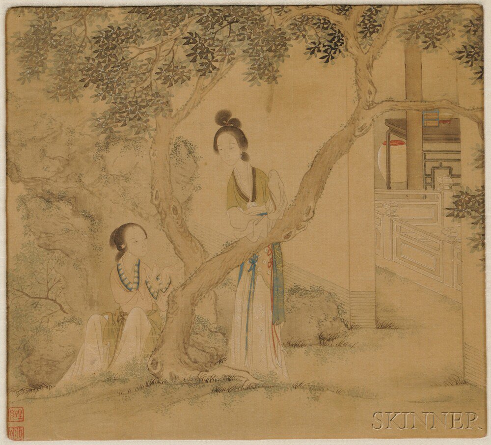 Appraisal: Painting Depicting Two Ladies China th century in conversation beneath