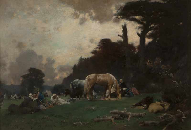 Appraisal: 'Arab Horsemen at Rest'' wooded encampment with Arabian horsemen oil