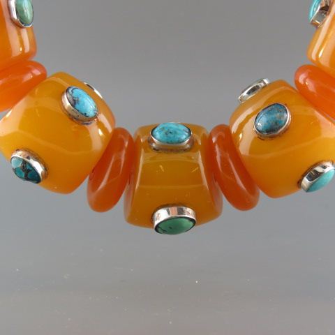 Appraisal: Turquoise Bakelite Necklace fine stones set in sterling on butterscotch