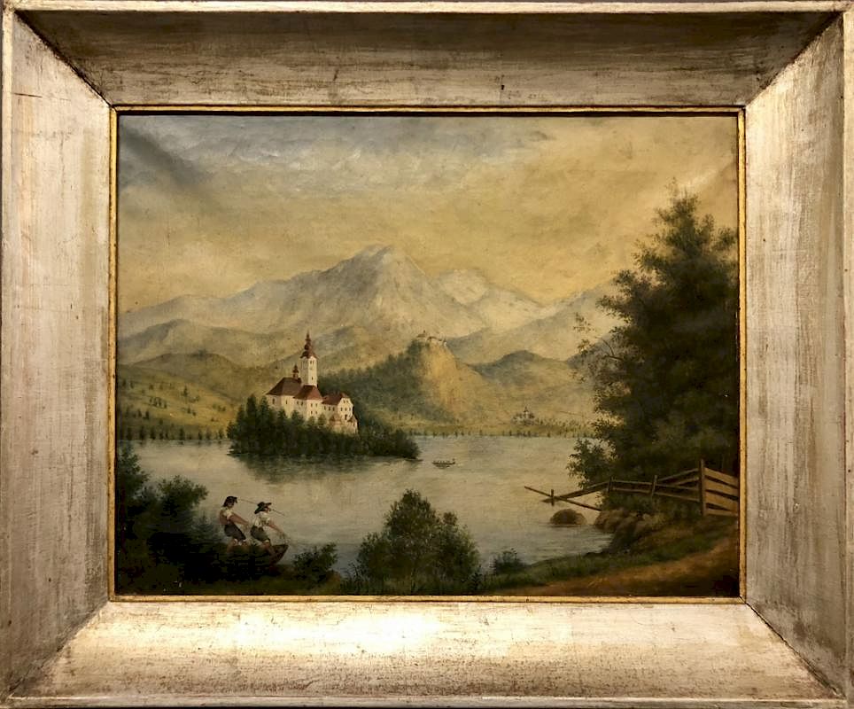 Appraisal: Oil on Canvas Continental Lake Scene Oil on canvas Continental