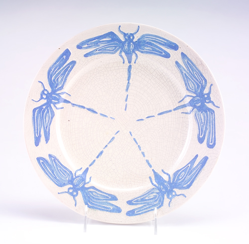 Appraisal: PEWABIC Fine and rare plate painted with dragonflies in periwinkle