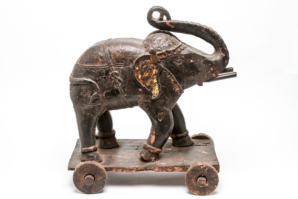 Appraisal: Indian Carved Wood Elephant Temple Toy on Wheels Indian carved