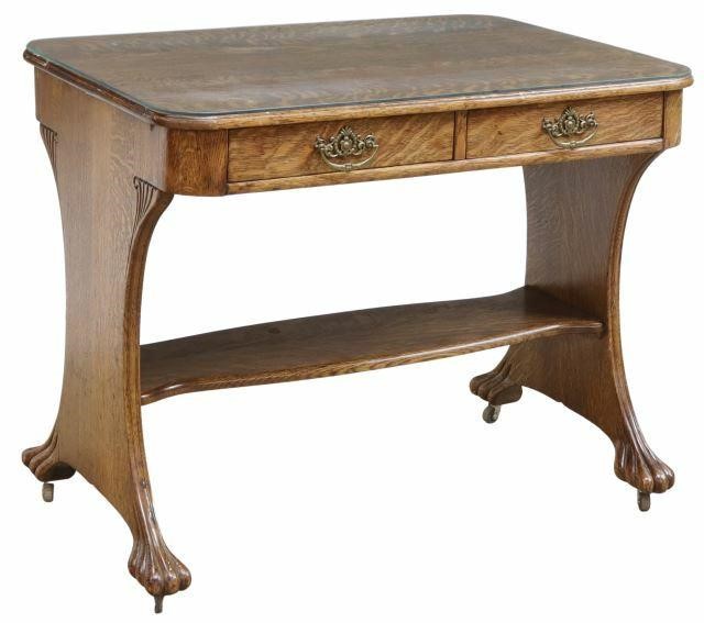 Appraisal: American glass-top quarter sawn oak writing table c having rectangular