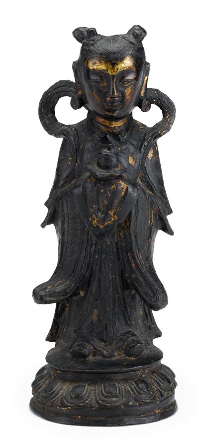 Appraisal: Large Chinese Ming partially gilt bronze attendant figure ming dynasty