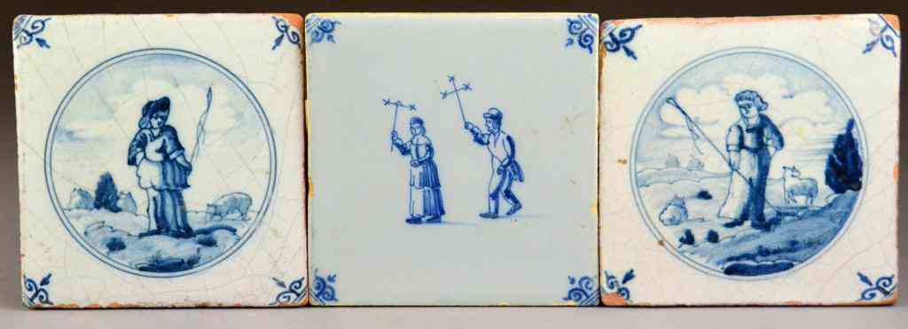 Appraisal: Blue White Delft Tiles th Century Depicting a shepherd shepherdess