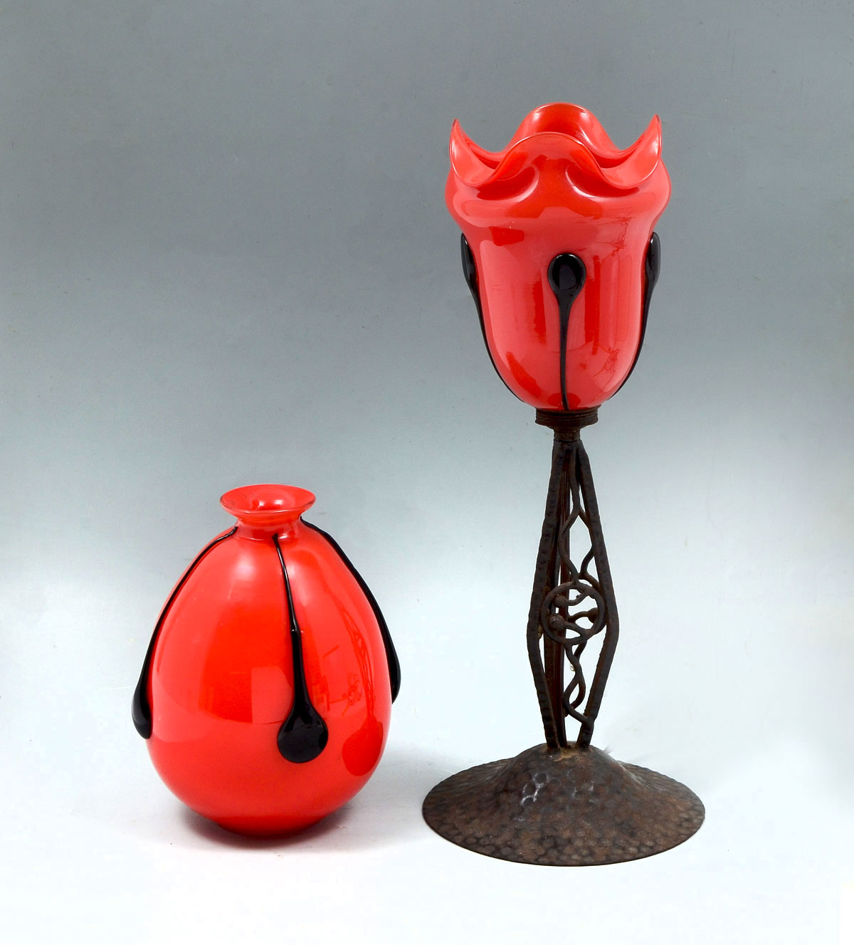 Appraisal: LOETZ TANGO RED BLACK LAMP WITH MATCHING VASE Loetz Tango