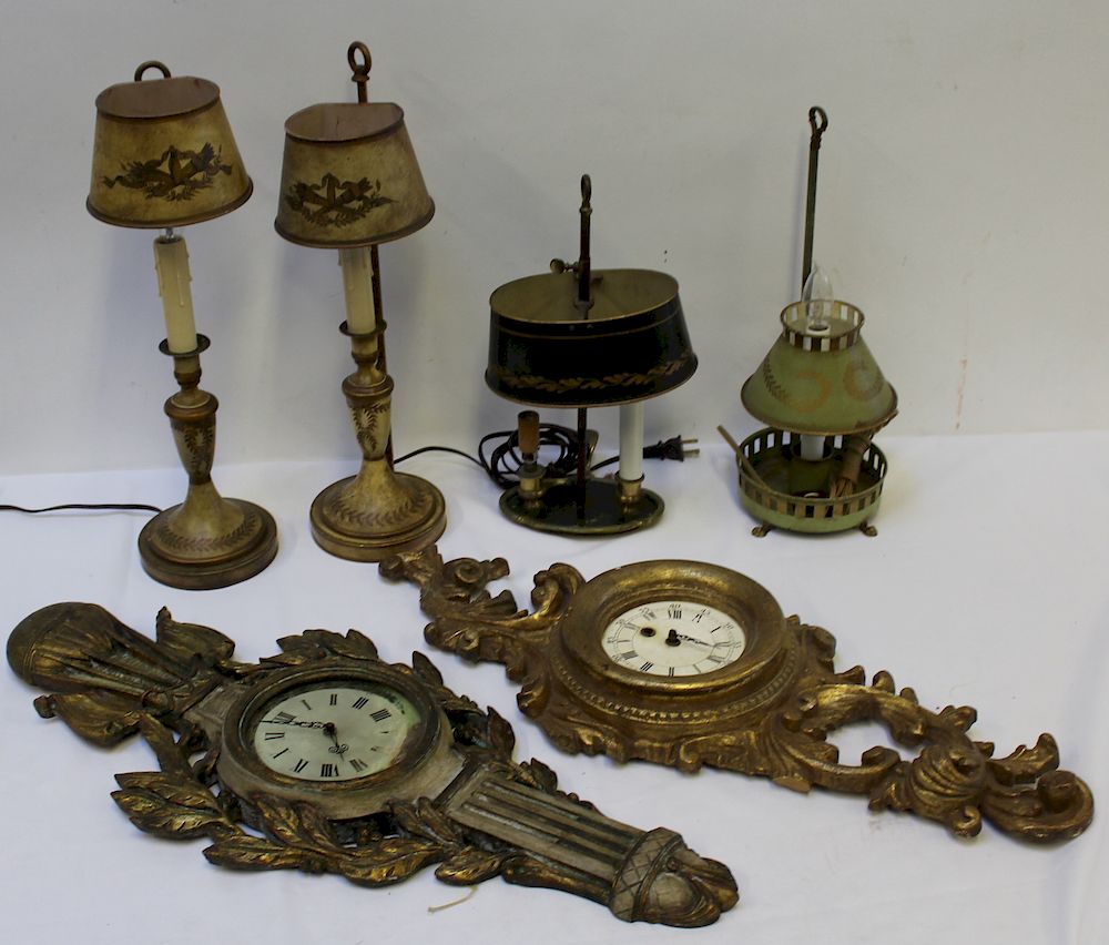 Appraisal: Lot of Assorted Antique Tole Lighting Clock Barometer To include