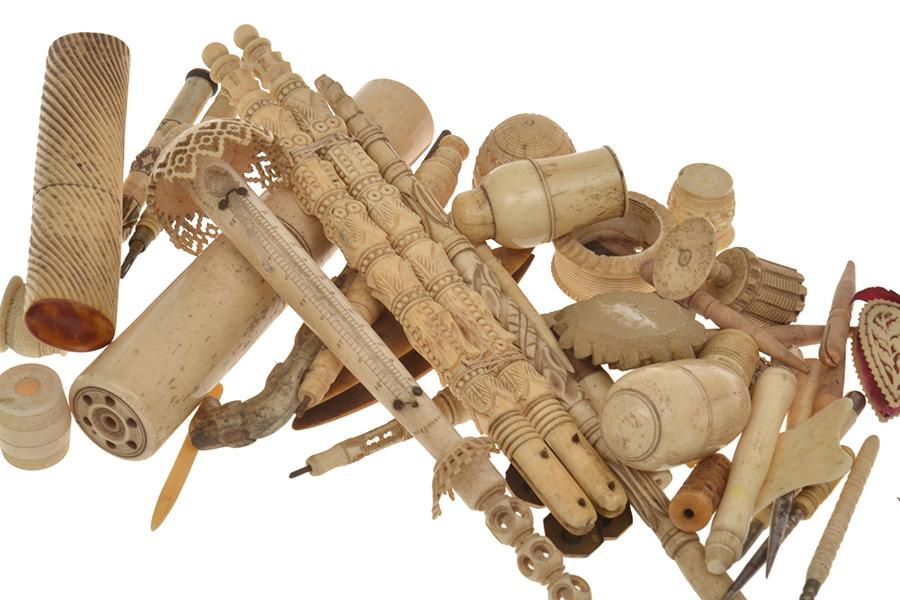 Appraisal: COLLECTION OF IVORY SEWING RELATED ITEMS INCLUDING BOBBINS BODKINS AND