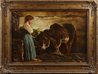 Appraisal: J Grima Girl with Donkey th c oil on canv