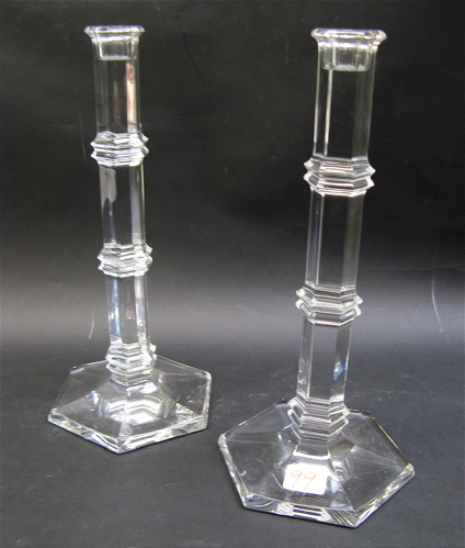 Appraisal: PAIR TIFFANY CO CLEAR CRYSTAL CANDLE STICKS octagonal paned columns