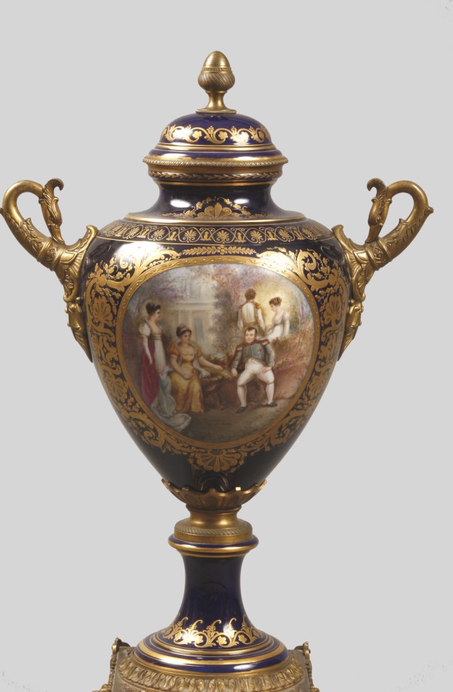 Appraisal: Lidded urn with dark blue ground figural Napoleonic scene gilt