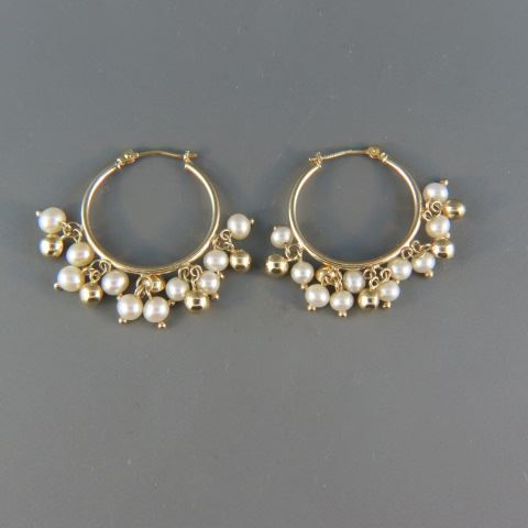 Appraisal: K Pearl Earrings loops with dangling gold beads and pearls