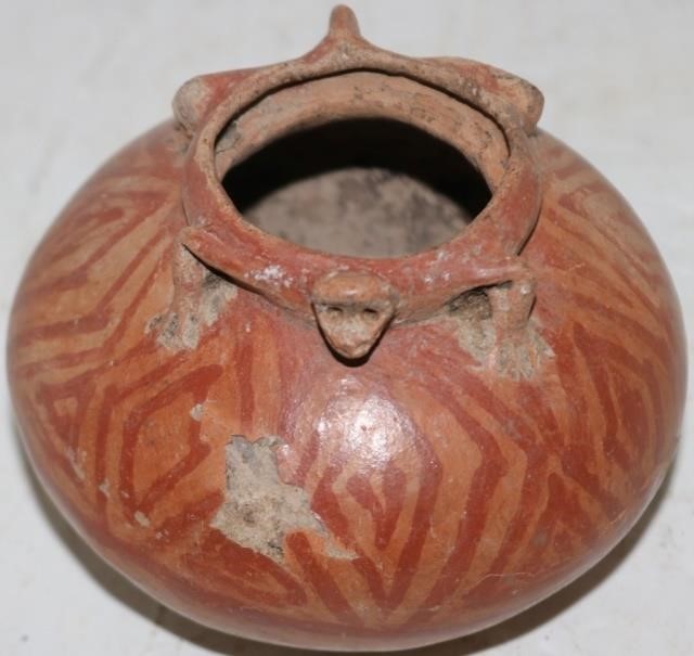 Appraisal: EARLY PRE-COLUMBIAN MAYAN EFFIGY POT WITH FROGSHAPED RIM PAINTED GEOMETRIC