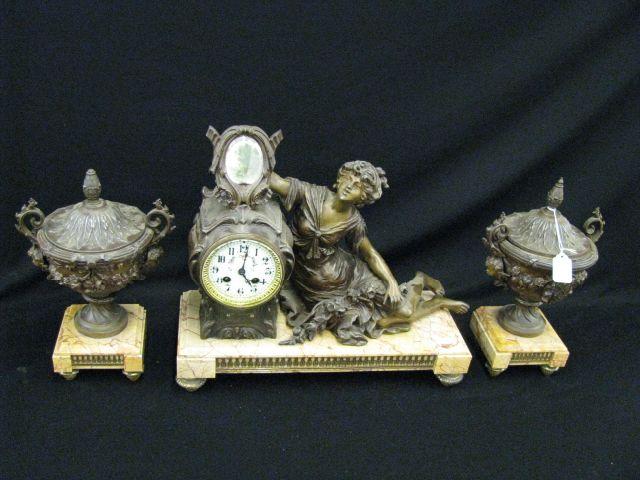 Appraisal: French Victorian Mantle Clock Garniture Set bronzed after Moreau maiden