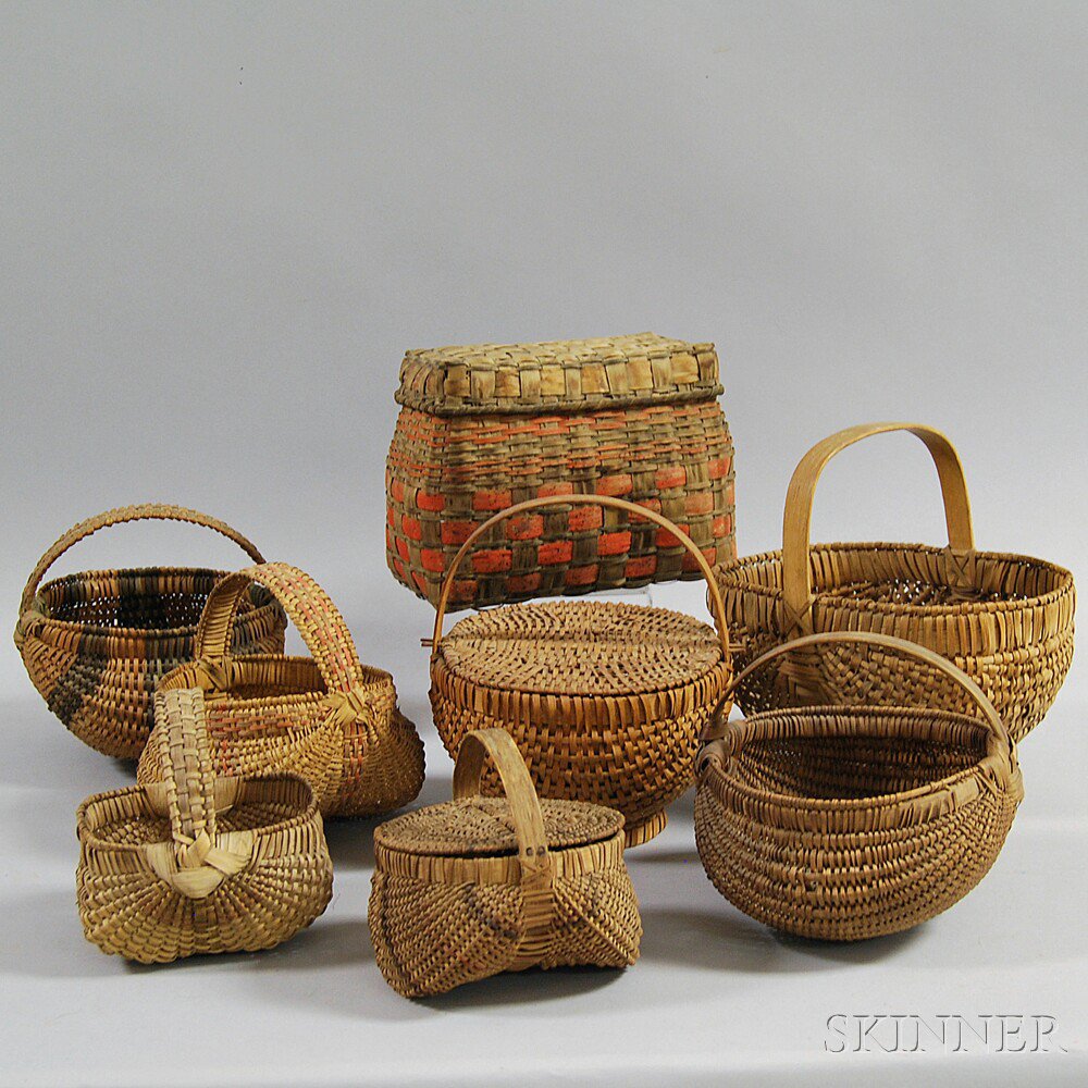 Appraisal: Eight Small Woven Splint Baskets th th century five buttocks-form