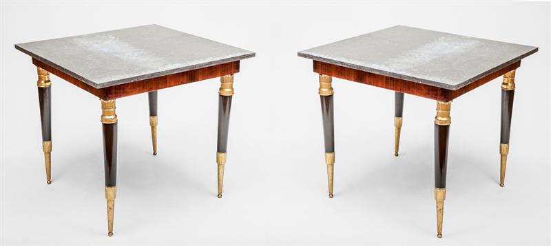 Appraisal: Pair of Walnut Ebonized and Parcel-Gilt Side Tables with Marble