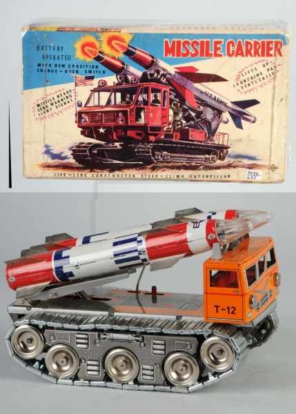 Appraisal: Tin Missile Carrier Vehicle Battery-Operated Toy Description Japanese Working Made