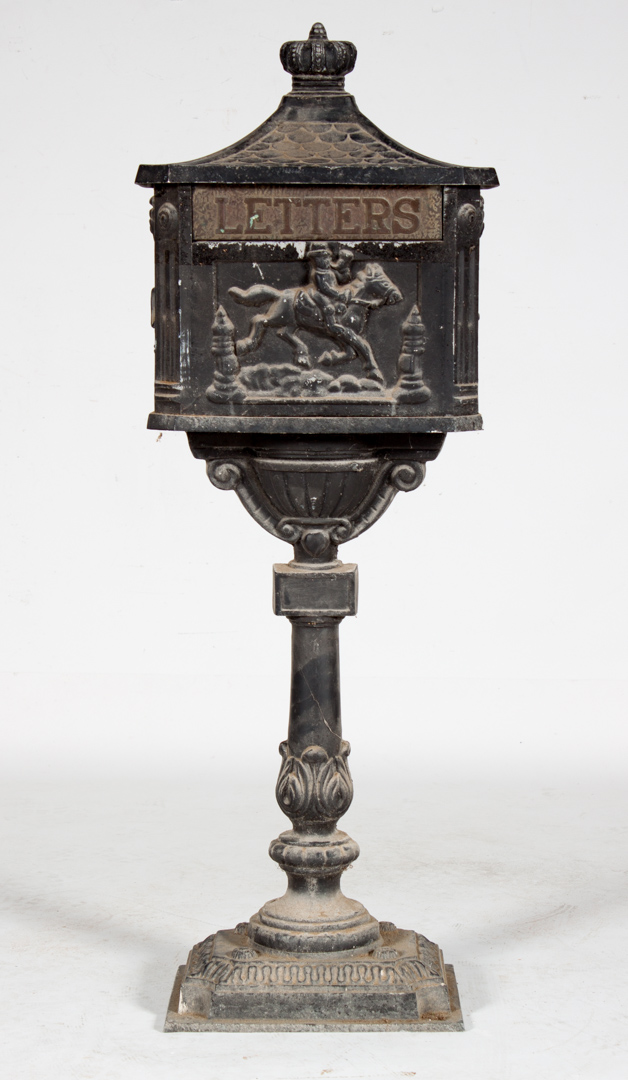 Appraisal: Victorian style cast iron mailbox with relief scene decoration in