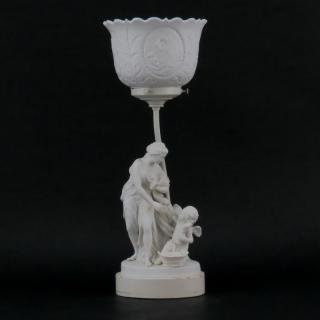 Appraisal: Vintage Bisque Porcelain Figural Lamp With Lithopane Shade Vintage Bisque