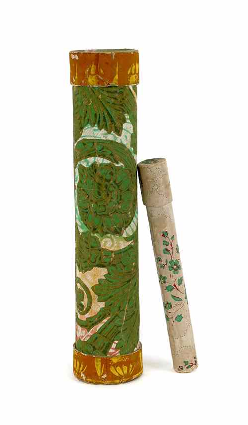 Appraisal: Two cylindrical wallpaper boxes th c one with flocked decoration