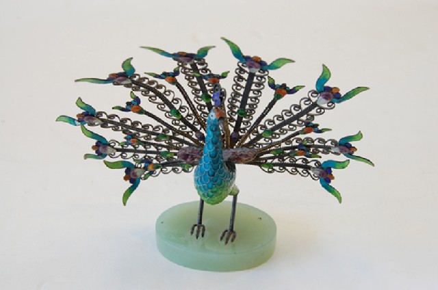 Appraisal: CHINESE SILVER AND ENAMEL PEACOCK FIGURE