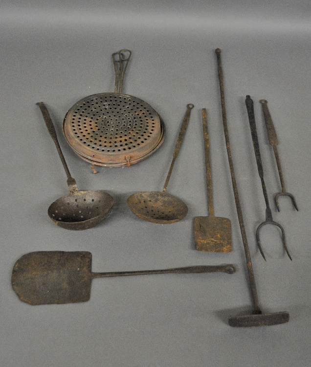 Appraisal: - Eight wrought iron cooking utensils th th c incl