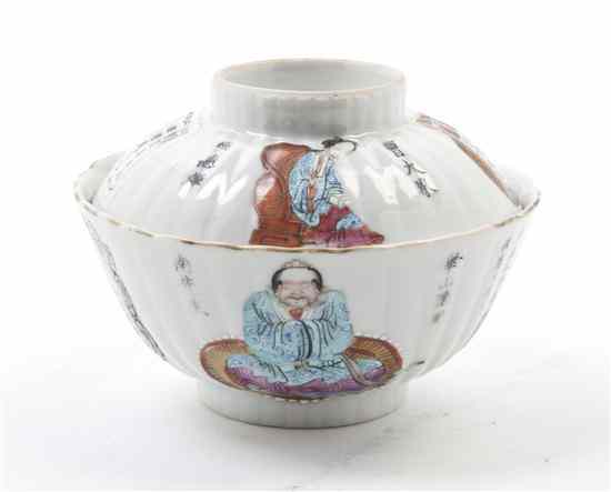 Appraisal: A Chinese Porcelain Covered Bowl of ribbed circular form polychrome