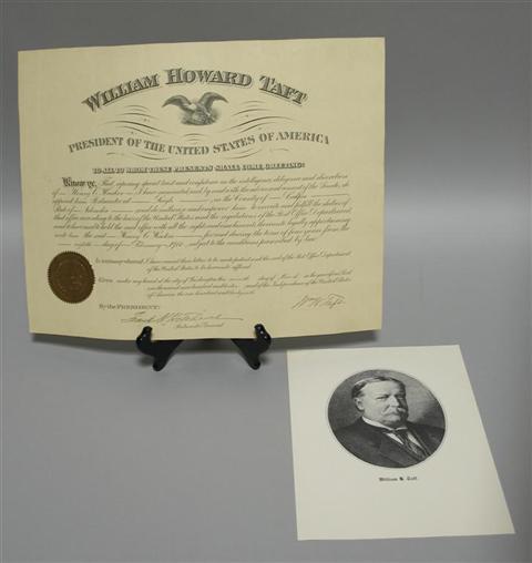 Appraisal: WILLIAM HOWARD TAFT SIGNED PRESIDENTIAL DOCUMENT Presidential appointment document partially