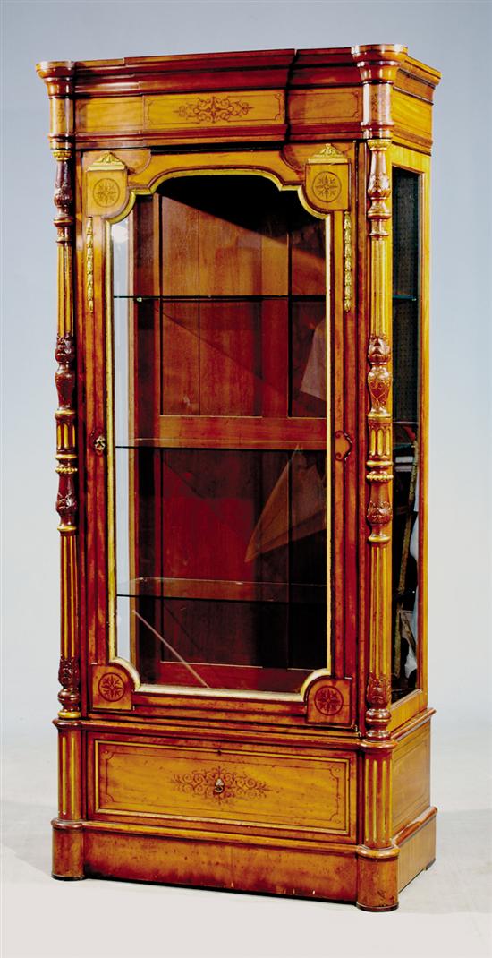 Appraisal: Continental carved inlaid mixed wood display cabinet stepped and molded