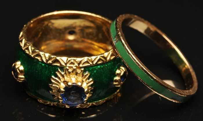 Appraisal: GREEN ENAMEL AND SAPPHIRE RING AND A GREEN ENAMEL AND