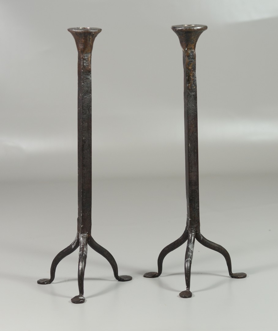 Appraisal: Pair Wrought Iron Candle Holders with Legged Penny Foot Base