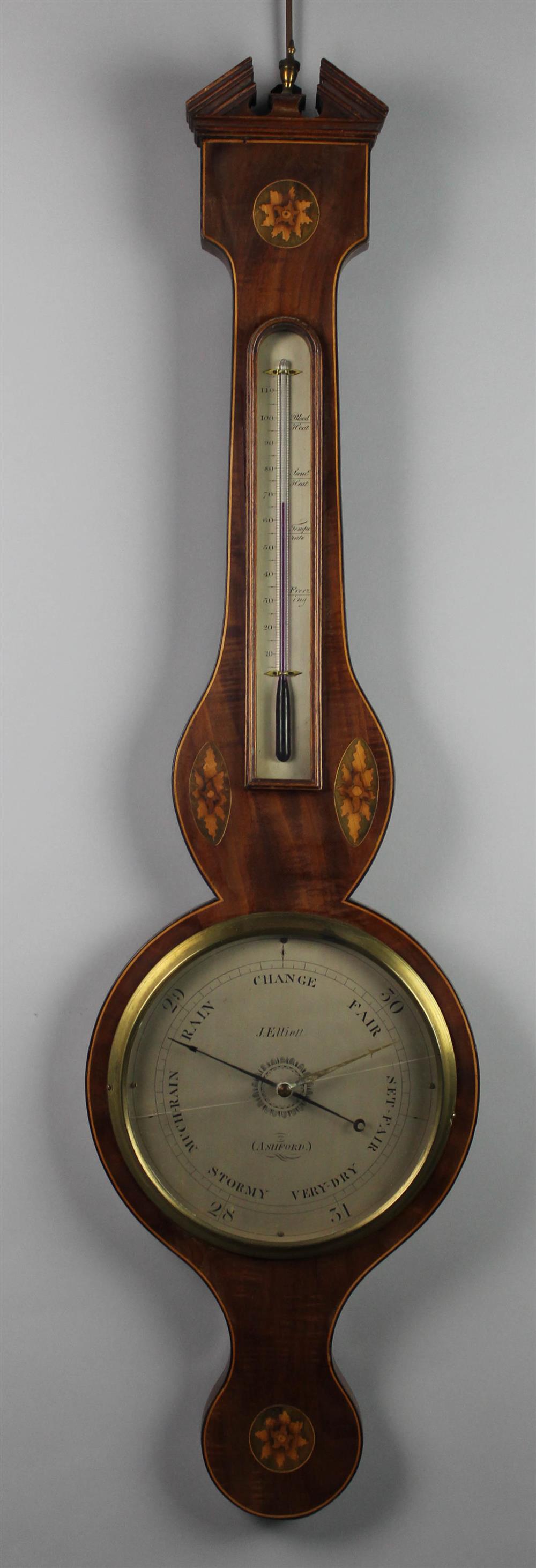 Appraisal: J ELLIOTT GEORGIAN STYLE INLAID MAHOGANY BAROMETER TH CENTURY having