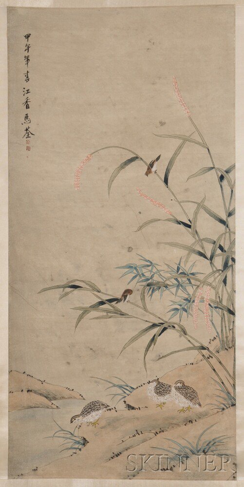 Appraisal: Hanging Scroll Depicting Quails China ink and color on paper