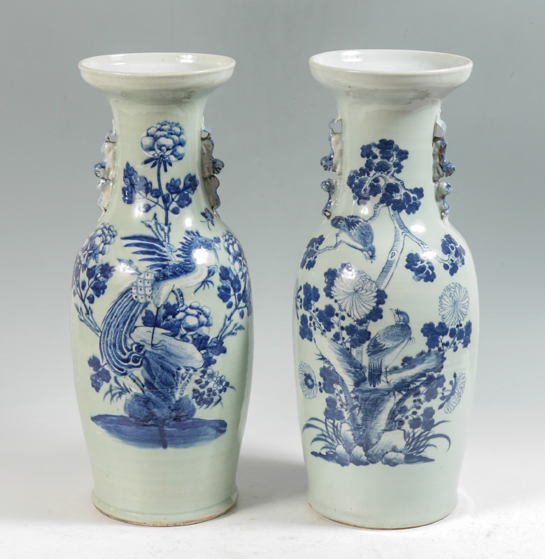 Appraisal: PAIR OF CHINESE TEMPLE URNS Celedon glaze ground with blue