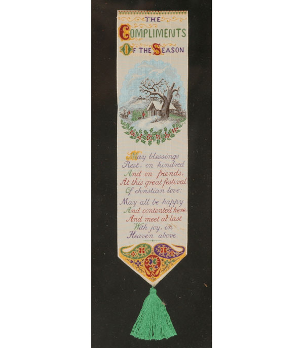 Appraisal: Five Stevengraph woven silk ribbons bookmarks with sayings greetings Compliments