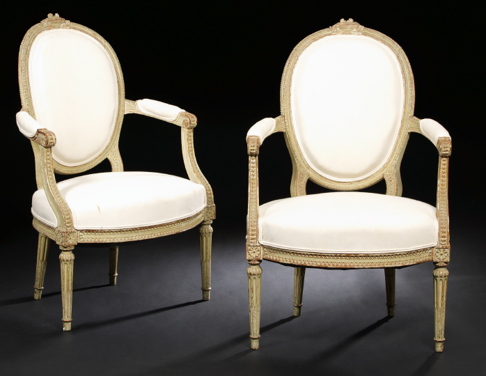 Appraisal: Pair of Louis XVI-Style Polychromed Fauteuils late th century the