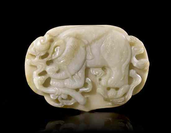 Appraisal: A White Jade Plaque Depicting an Elephant the lingzhi fungus