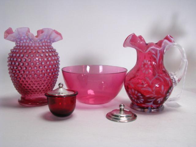 Appraisal: Four cranberry glass items including an opalescent decorated pitcher with