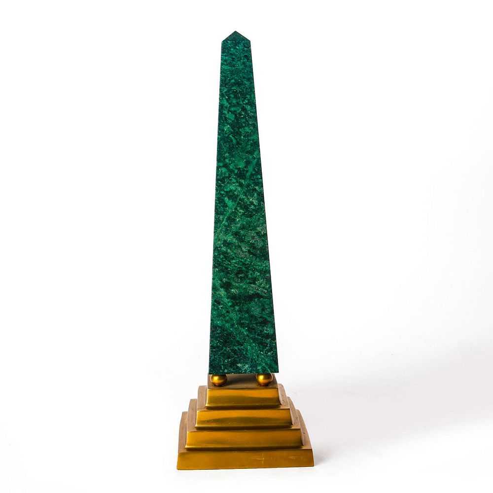 Appraisal: VINTAGE RAJASTHAN DARK GREEN OBELISK WITH BRASS BASE Indian antique