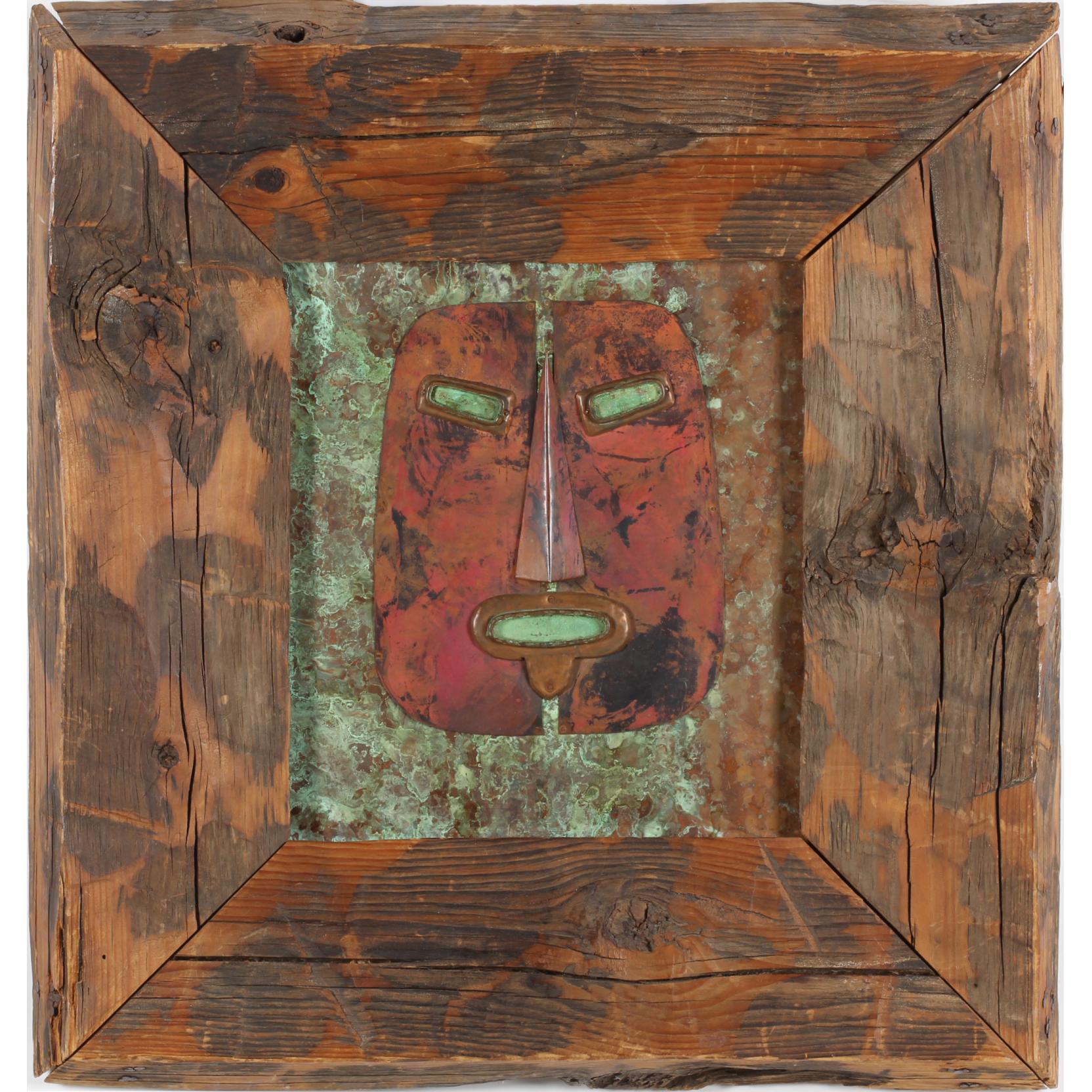 Appraisal: Framed Metal Mask unsigned mixed metals on verdigris copper ground