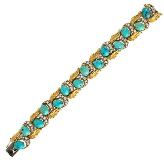 Appraisal: HAMMERMAN BROTHERS TURQUOISE DIAMOND K BRACELET Fourteen oval cabochon turquoise