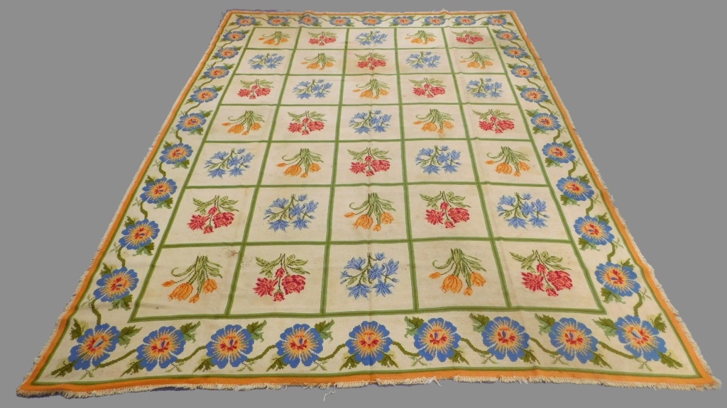 Appraisal: LG PORTUGUESE FLORAL NEEDLEPOINT RUG Portugal Early th Century Orange