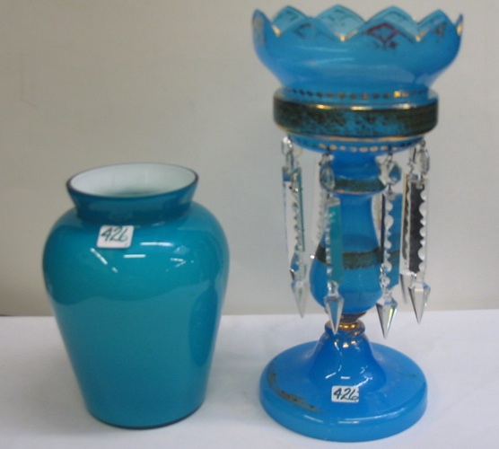 Appraisal: TWO BLUE GLASS DECORATIVE ACCESSORIES One is a single lustre