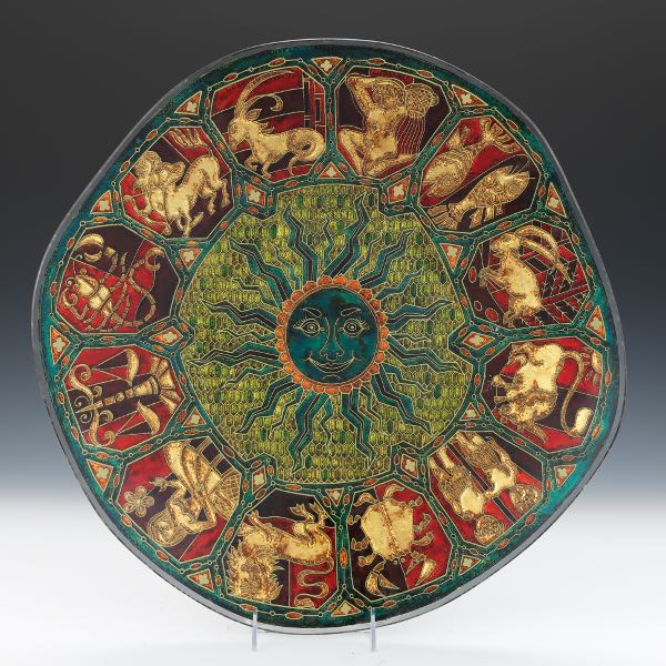 Appraisal: ASTROLOGICAL PLATTER x Colorful art glass platter with metallic outlined