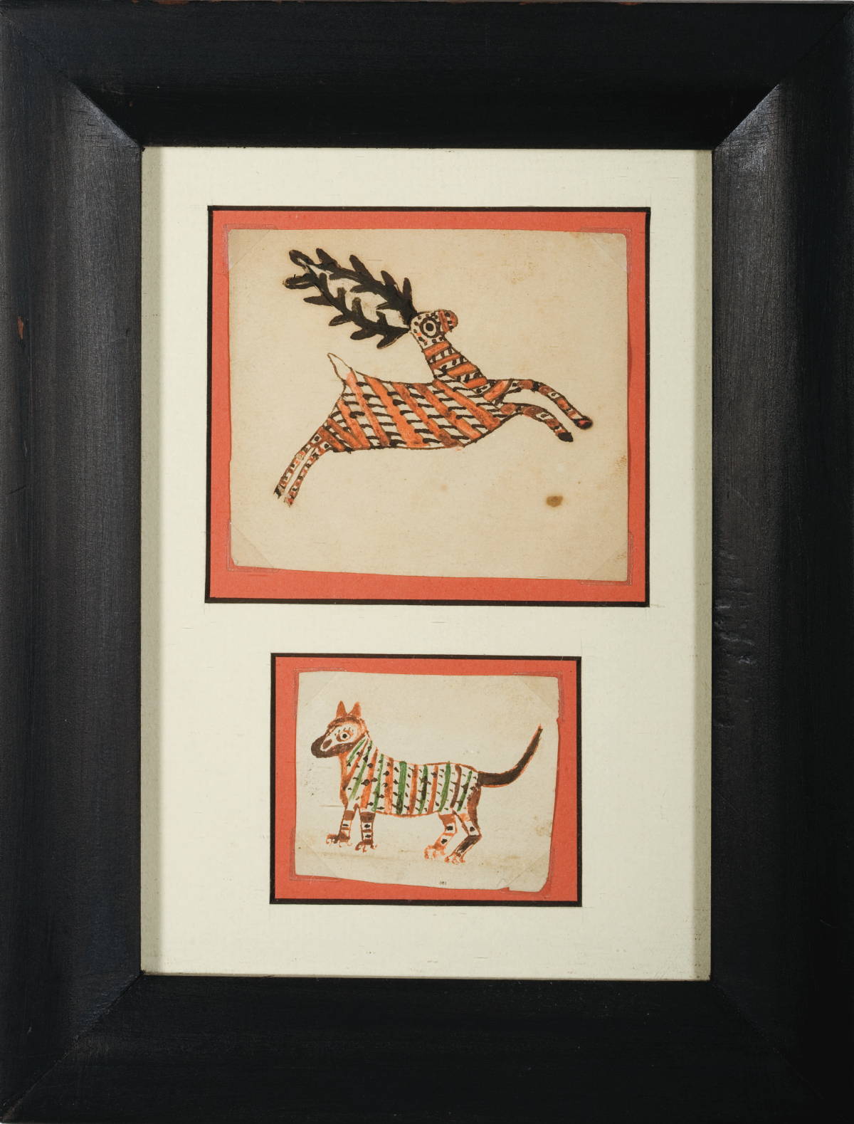 Appraisal: TWO SMALL EARLY PENNSYLVANIA WATERCOLOR DRAWINGS OF A DEER AND