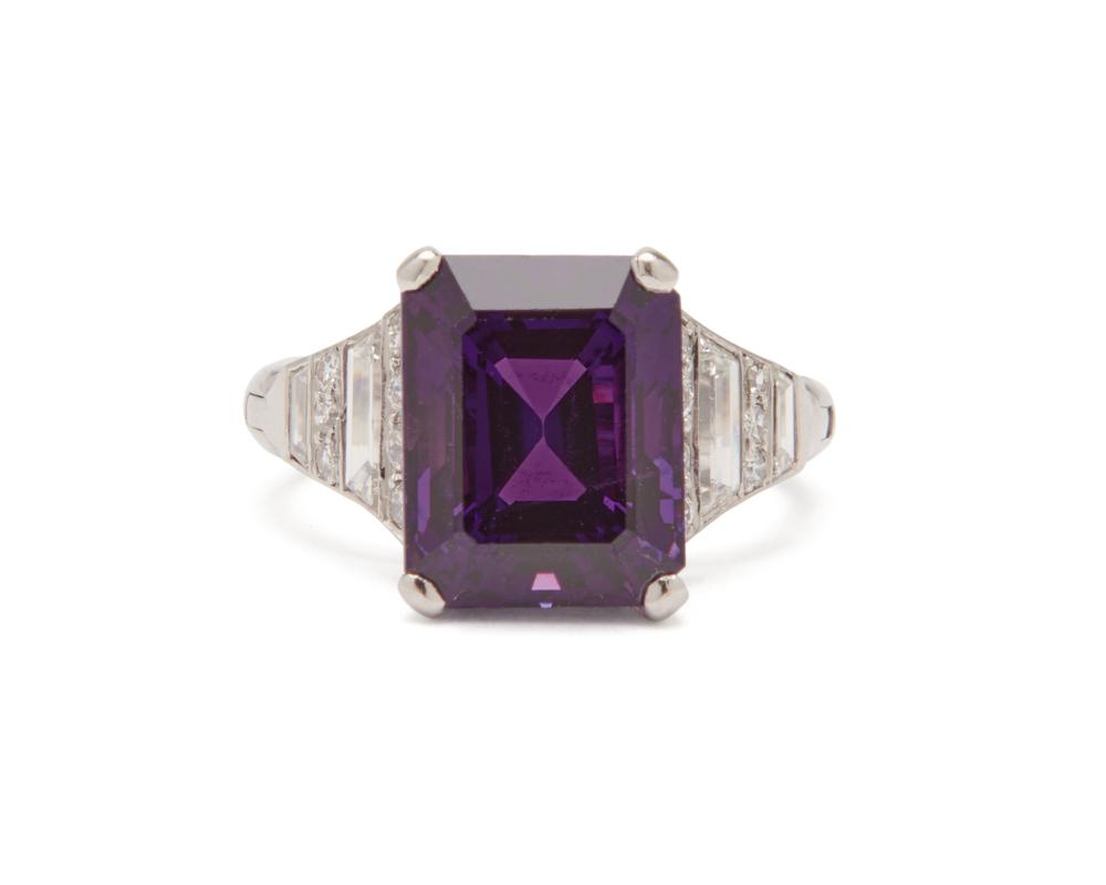 Appraisal: Platinum Purple Sapphire and Diamond Ring centering an emerald-cut purple