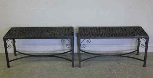 Appraisal: Pair of Re-Purposed Iron Tables The inset tops are vintage