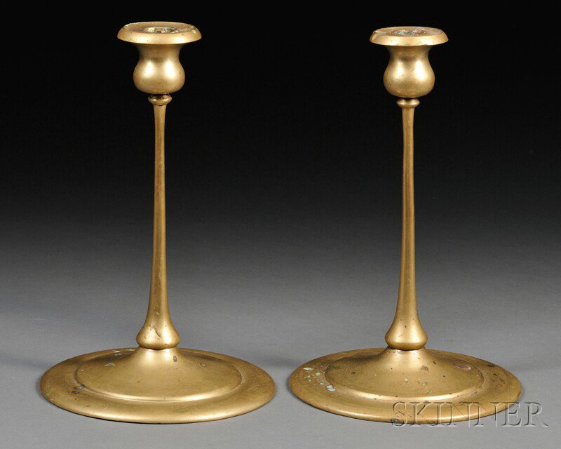 Appraisal: Pair of Arts Crafts Brass Candlesticks early th century heavy